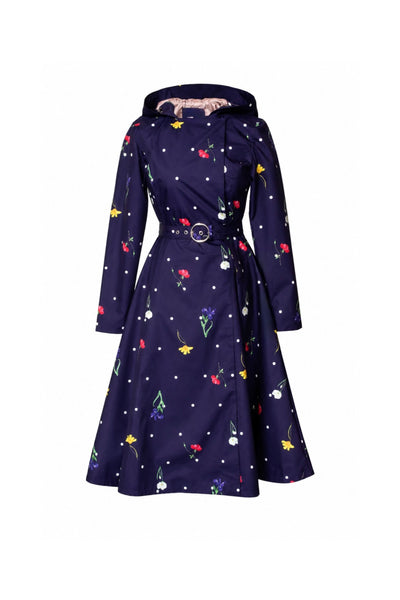 Violet Bloom purple floral women's trench coat on light background 