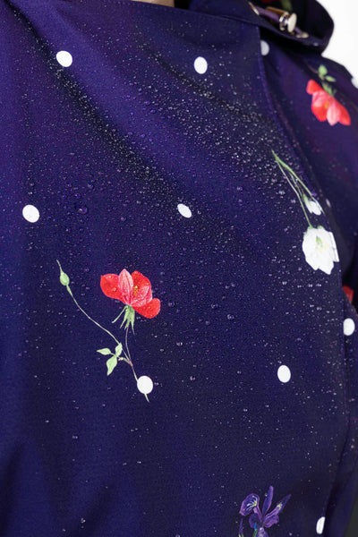 Lightweight water-resistant membrane fabric detail on violet spring trench coat