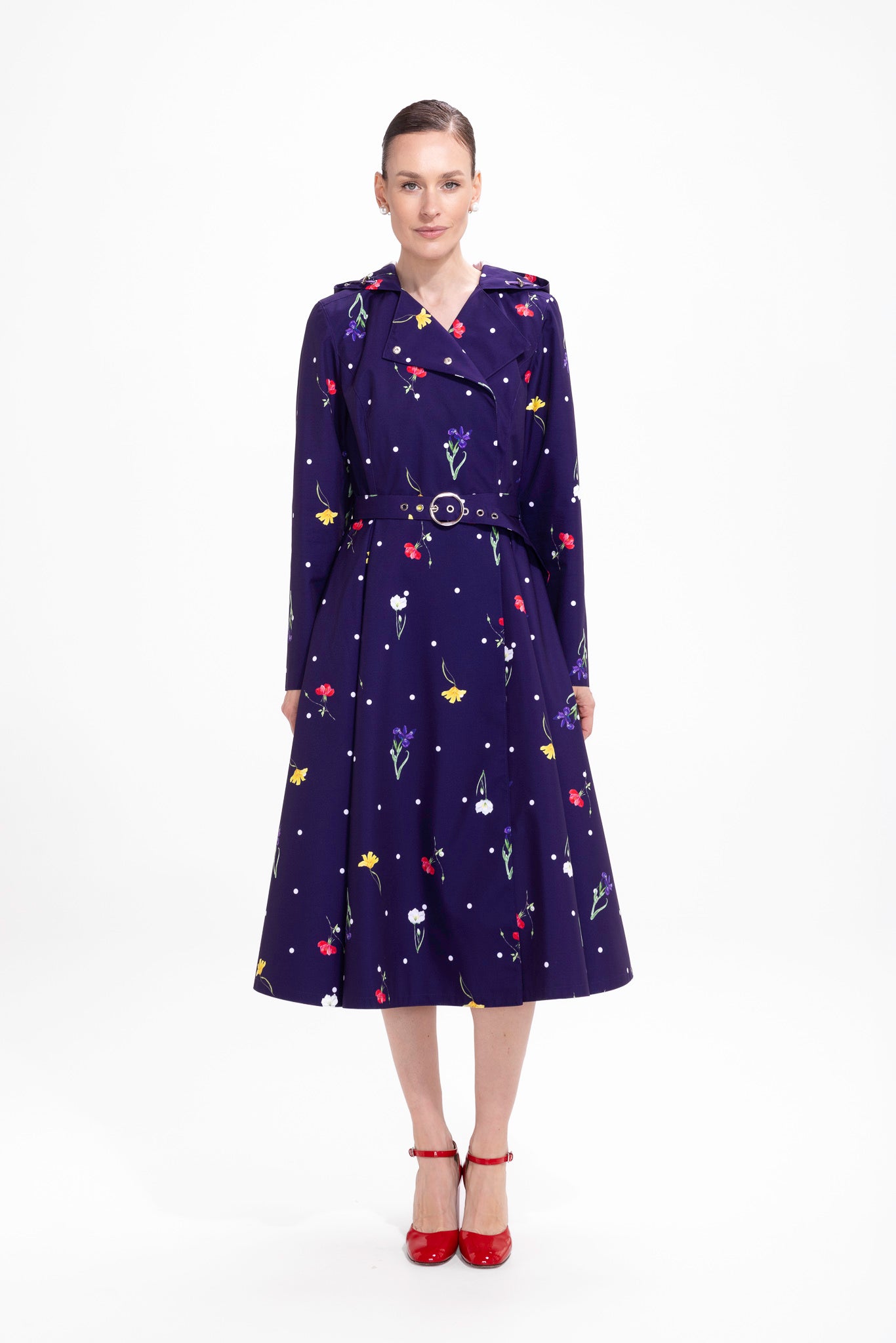 Violet Bloom violet floral women's trench coat with polka dot print, front view