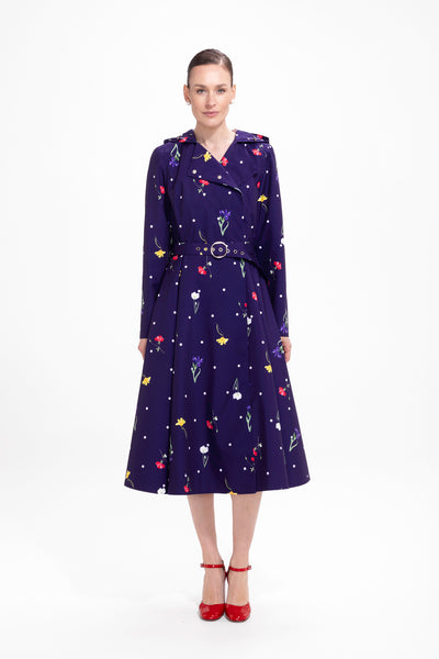 Violet Bloom violet floral women's trench coat with polka dot print, front view