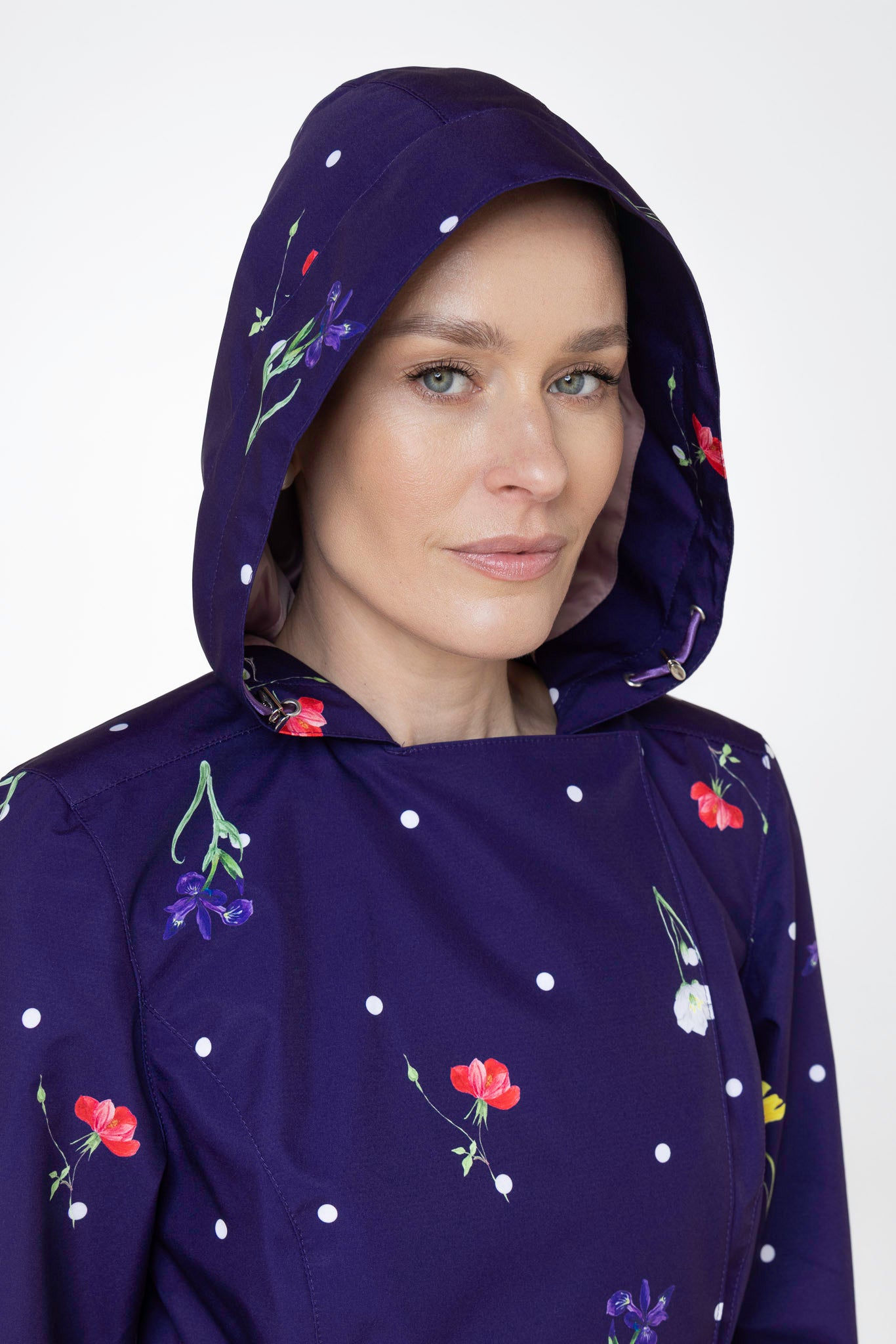 Close-up of hood detail on Violet Bloom water-resistant floral trench coat