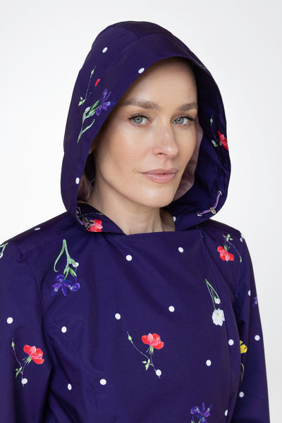 Close-up of hood detail on Violet Bloom water-resistant floral trench coat