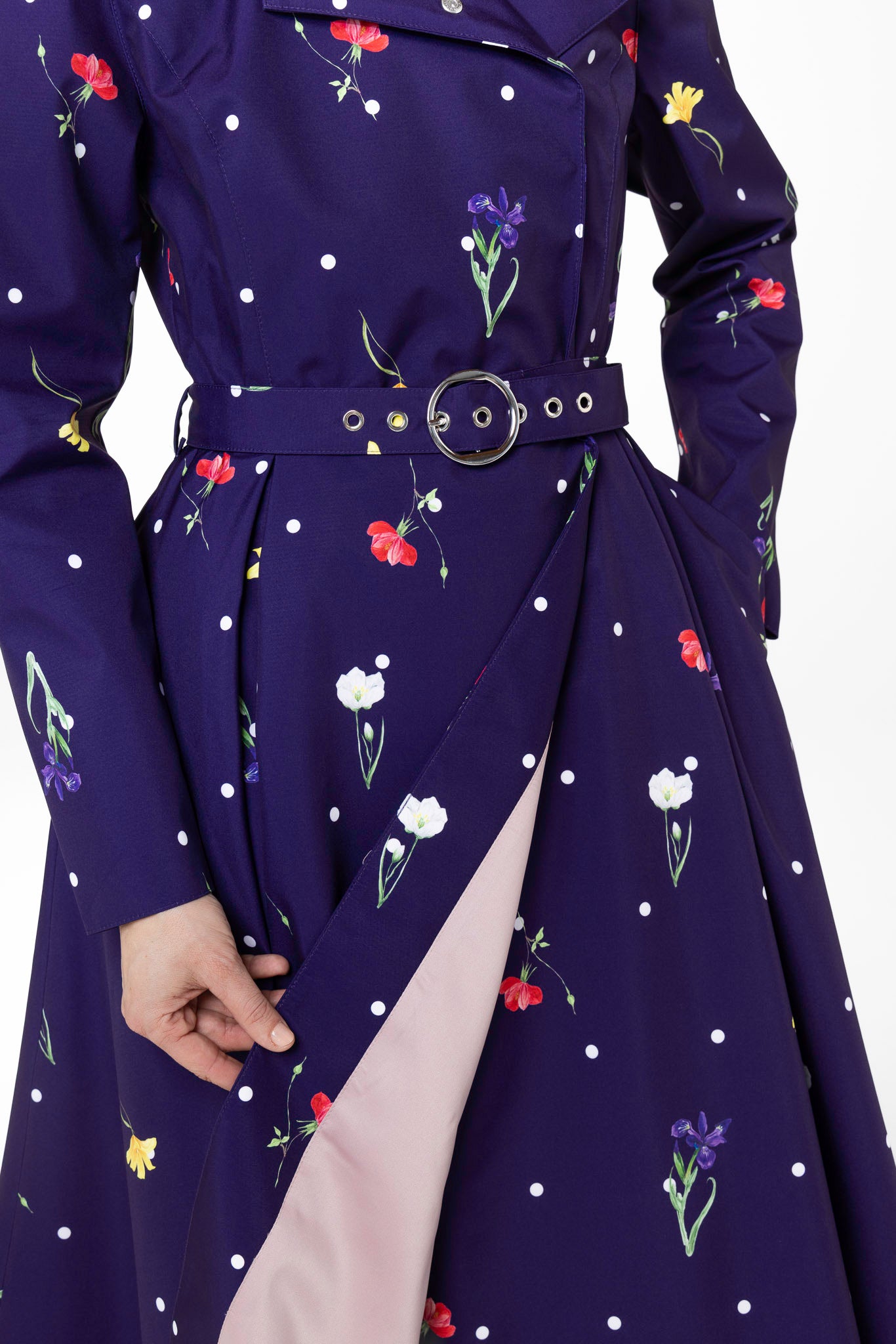 Soft ashy pink Italian satin lining inside Violet Bloom women's floral coat