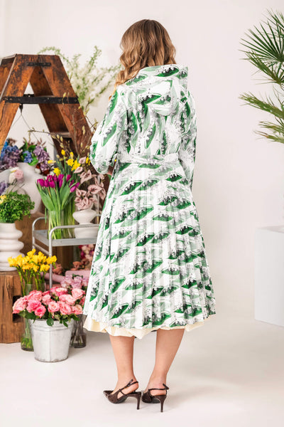 Double-breasted pleated floral coat for women back view