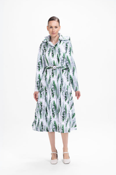 Whispers of May white-green waterproof women's coat with pleated A-line skirt, front view