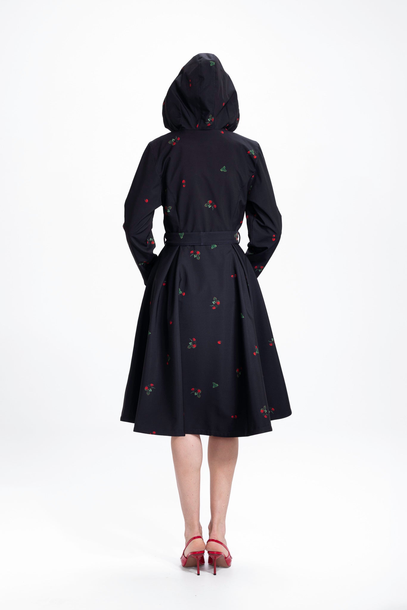 Fit and Flare Black Coat with Pleated Skirt and Strawberry Print | Wild Strawberry