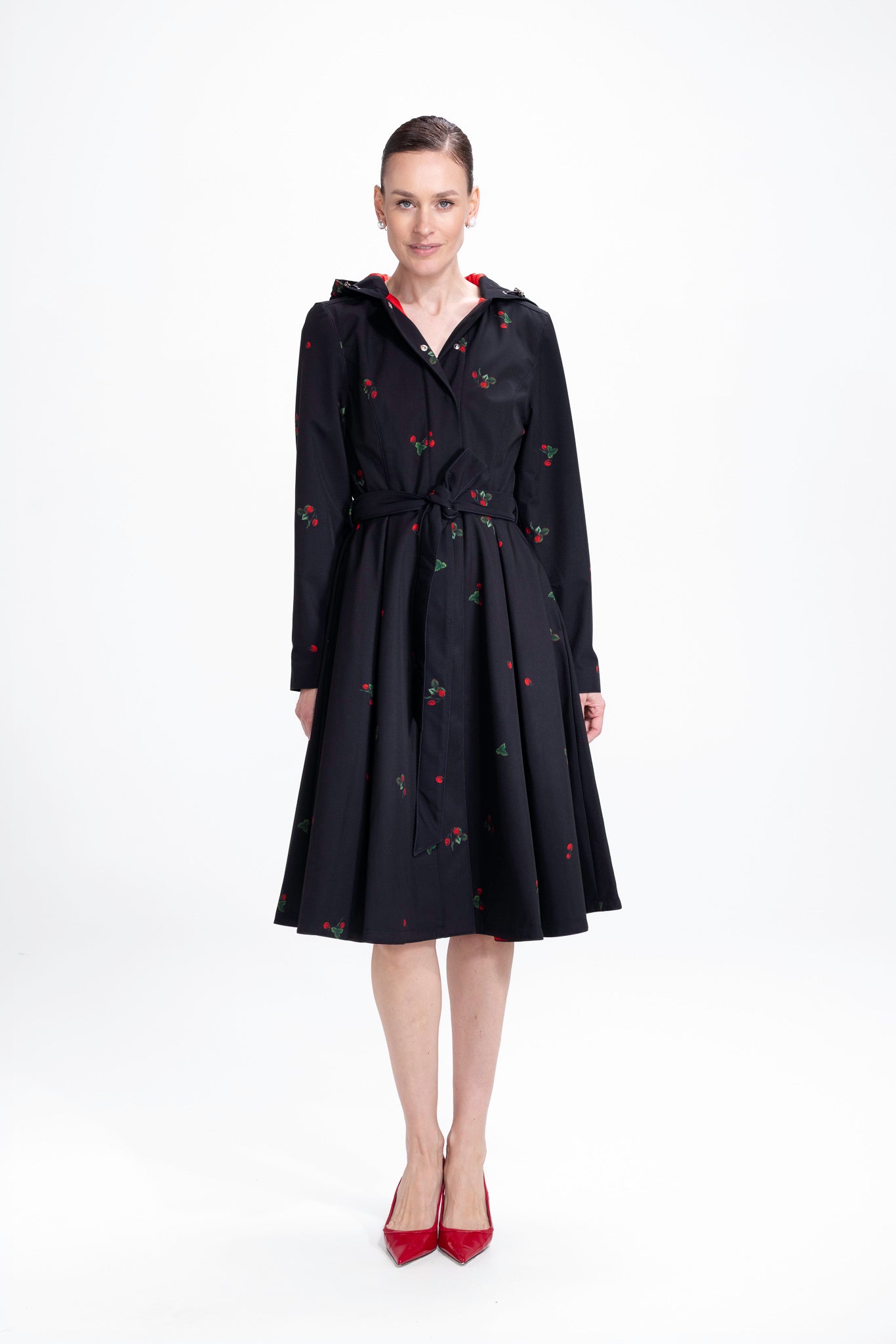 Fit and Flare Black Coat with Pleated Skirt and Strawberry Print | Wild Strawberry