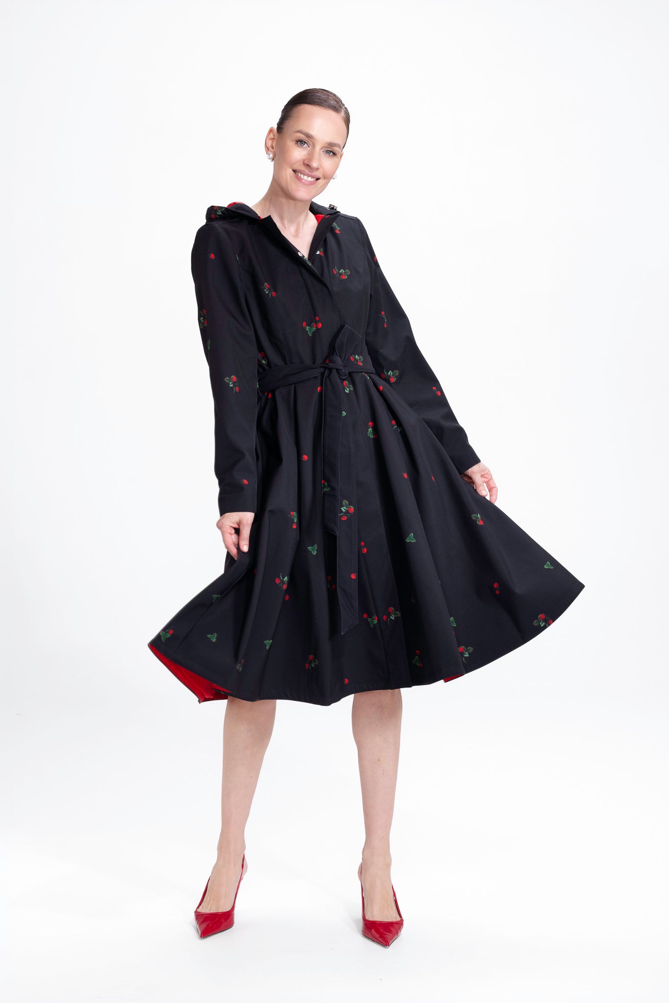 Fit and Flare Black Coat with Pleated Skirt and Strawberry Print | Wild Strawberry
