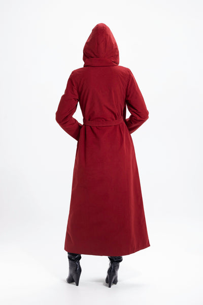 Back view of burgundy waterproof winter coat with hood and tailored fit