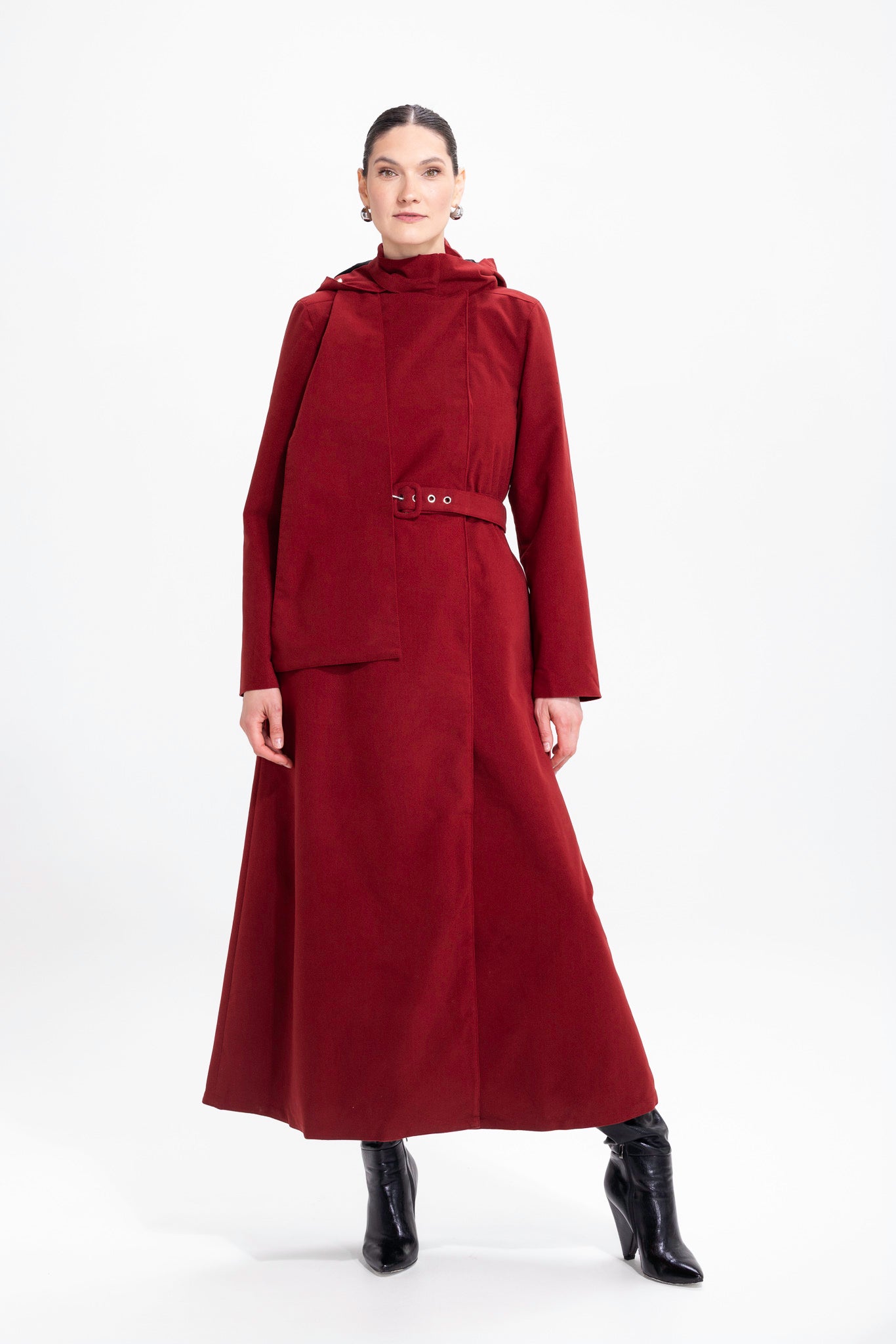 Warm Double Breasted Coat with Hood & Scarf | Winter Maroon