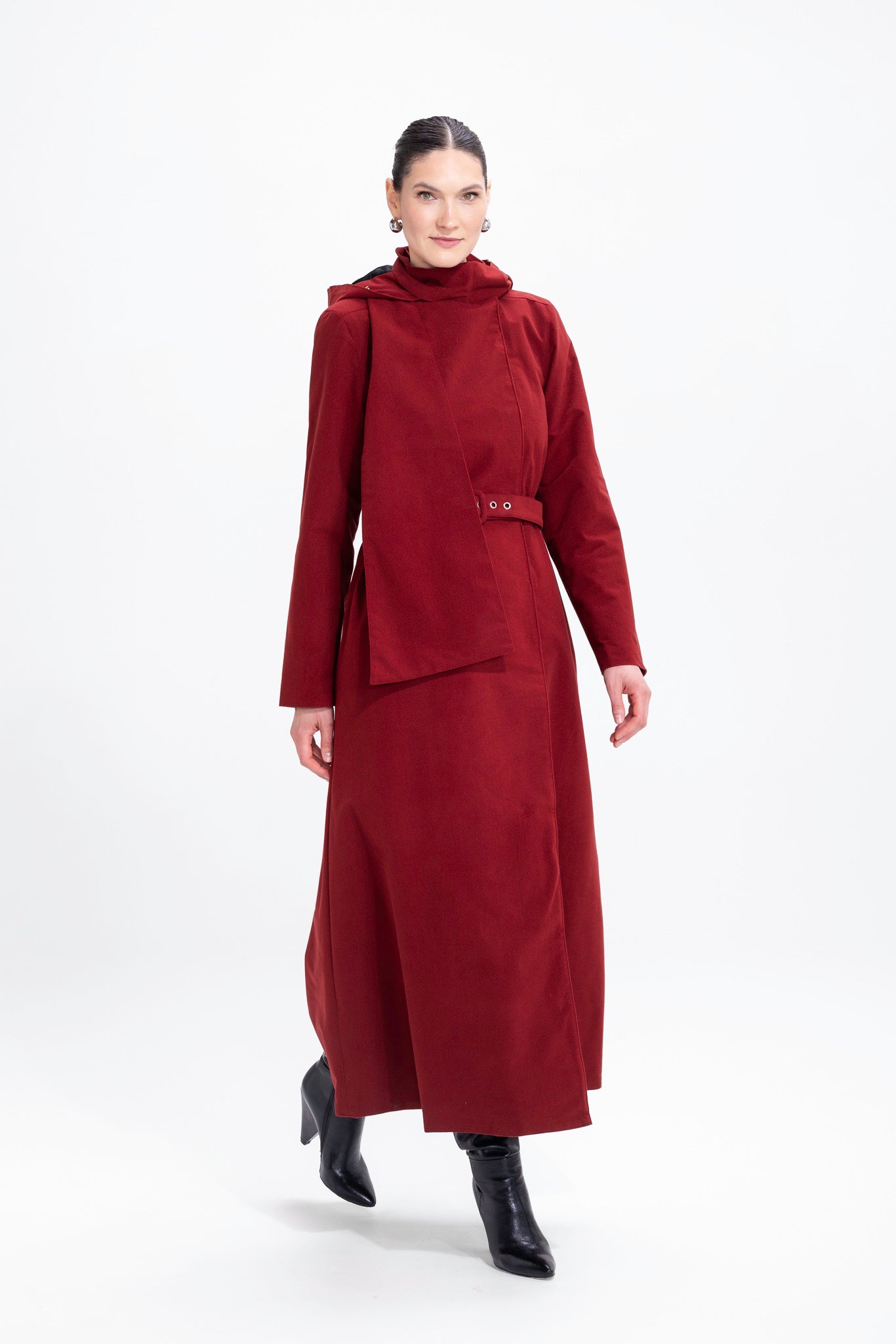 Warm Double Breasted Coat with Hood & Scarf | Winter Maroon