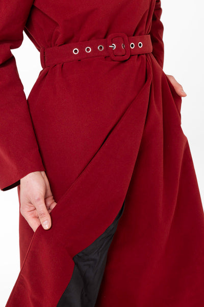 Smooth black Italian satin lining inside Winter Maroon winter coat made from recycled polyester