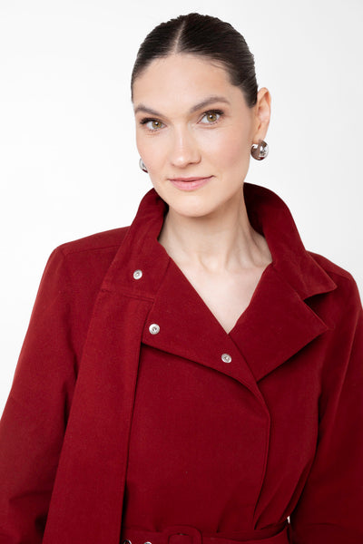 Warm water-resistant winter coat in deep burgundy tone
