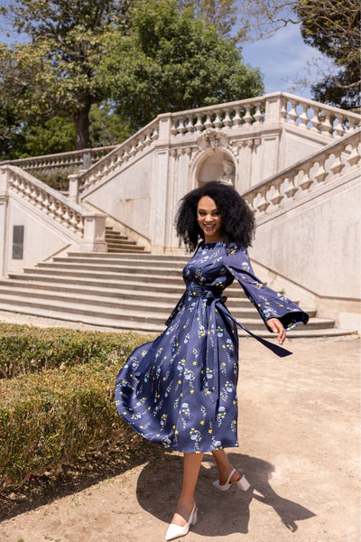 Meadow Dream midi dress with hidden zipper, feminine fit, and flowing midi-length skirt