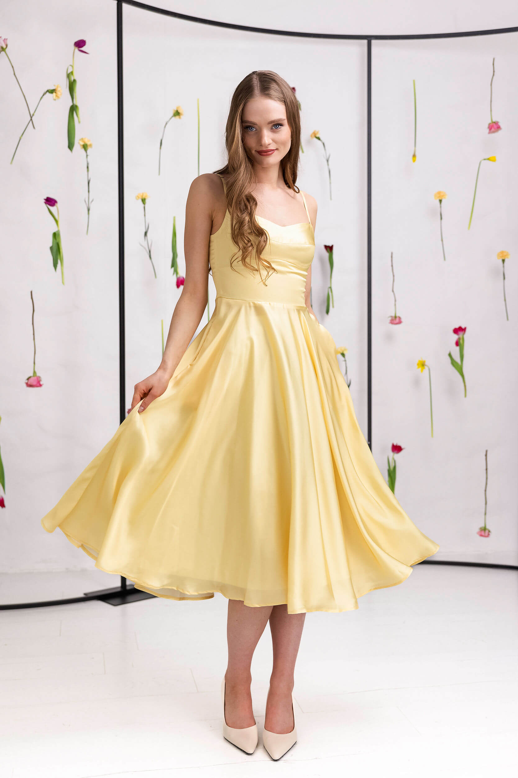 Vanilla Sunbeam satin midi dress with corset-inspired bodice