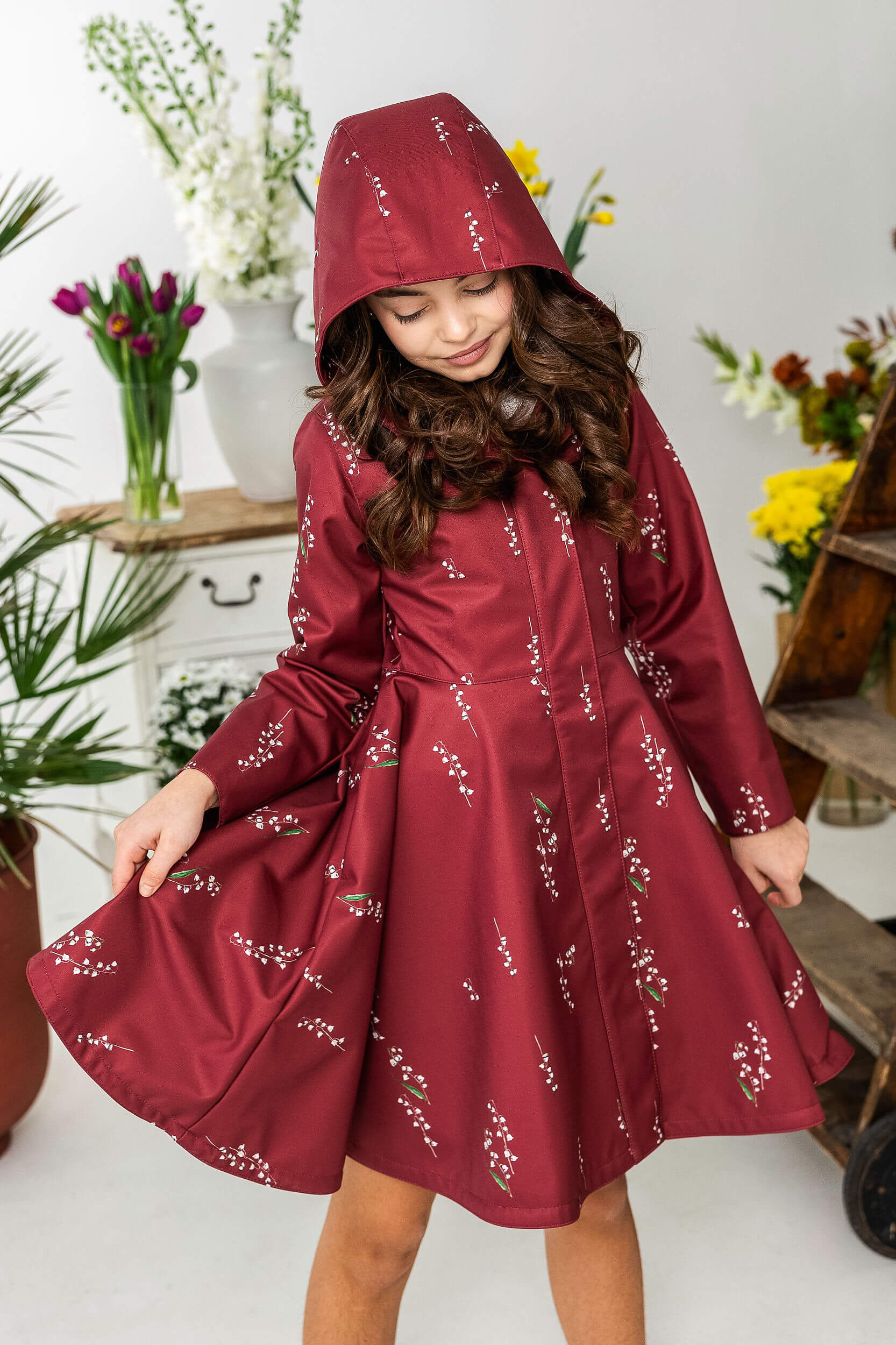 Princess style coat for girls in red color with lily of the valley flower print 