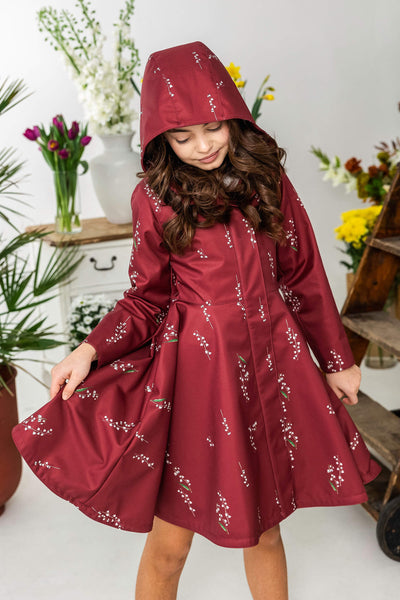 Princess style coat for girls in red color with lily of the valley flower print 