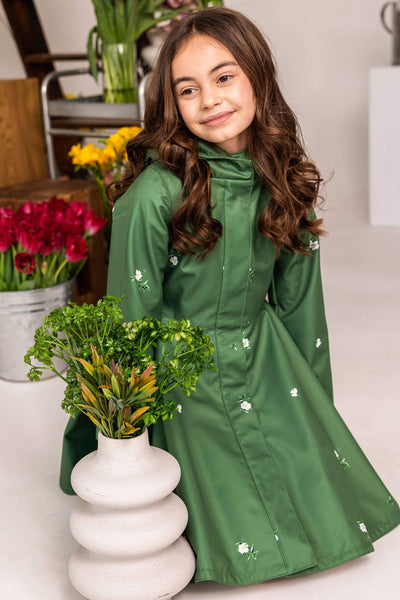 Girl's Green Coat with Floral Print | Primrose in Bloom