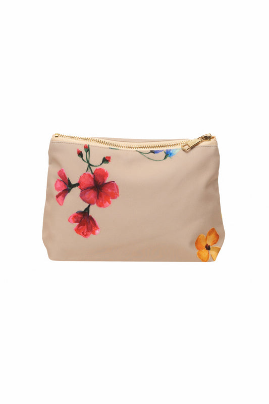 Beige RainSisters make-up bag with colorful flower print.