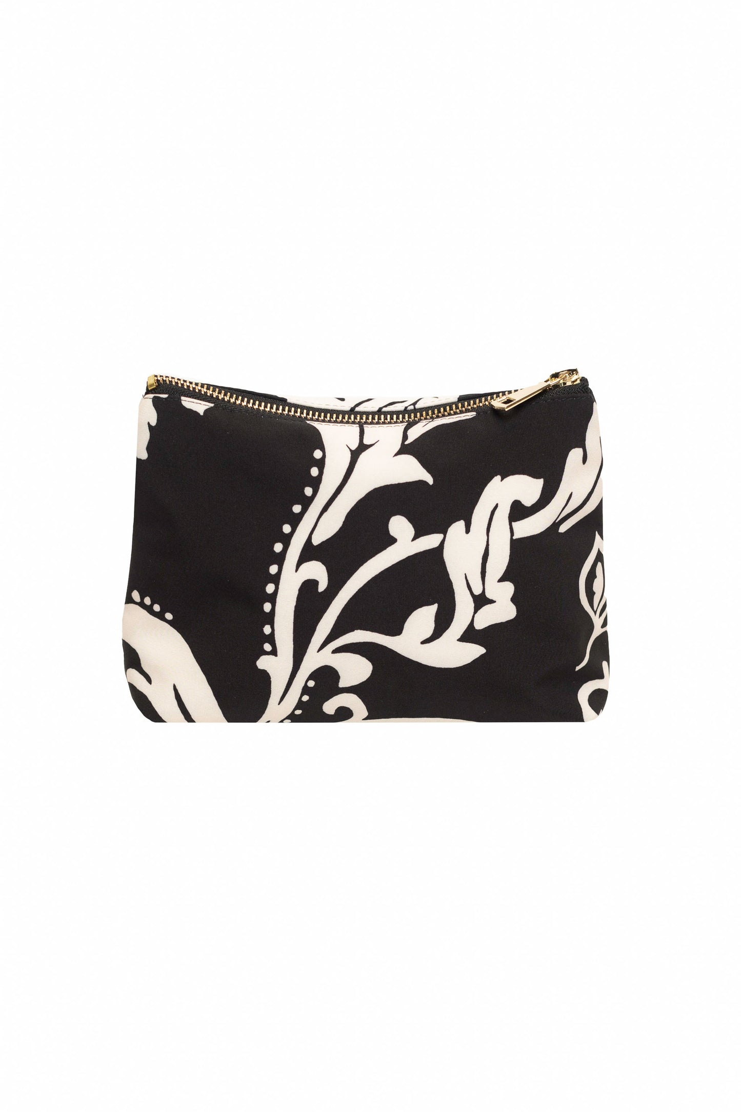 Small RainSisters cosmetic bag featuring a black and white flower print with a zipper closure.