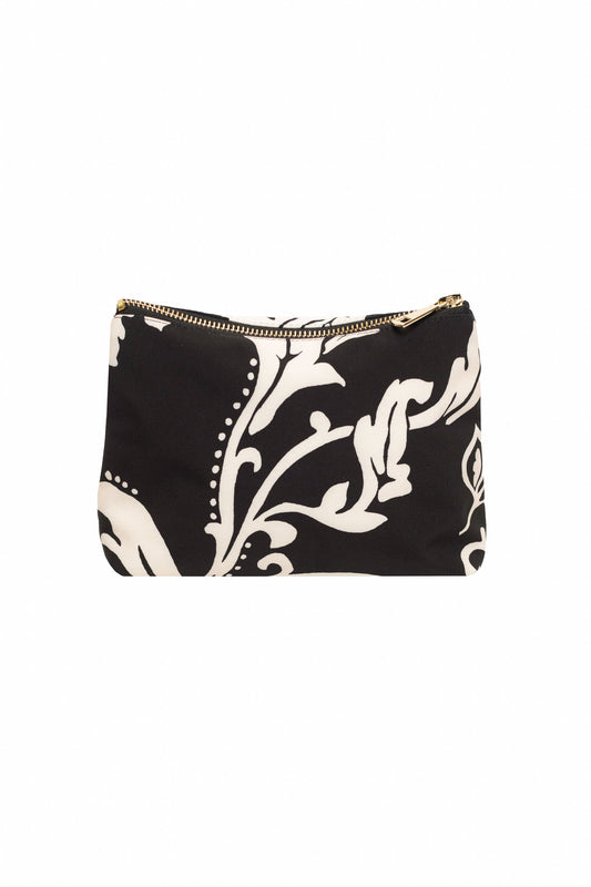 Small RainSisters cosmetic bag featuring a black and white flower print with a zipper closure.