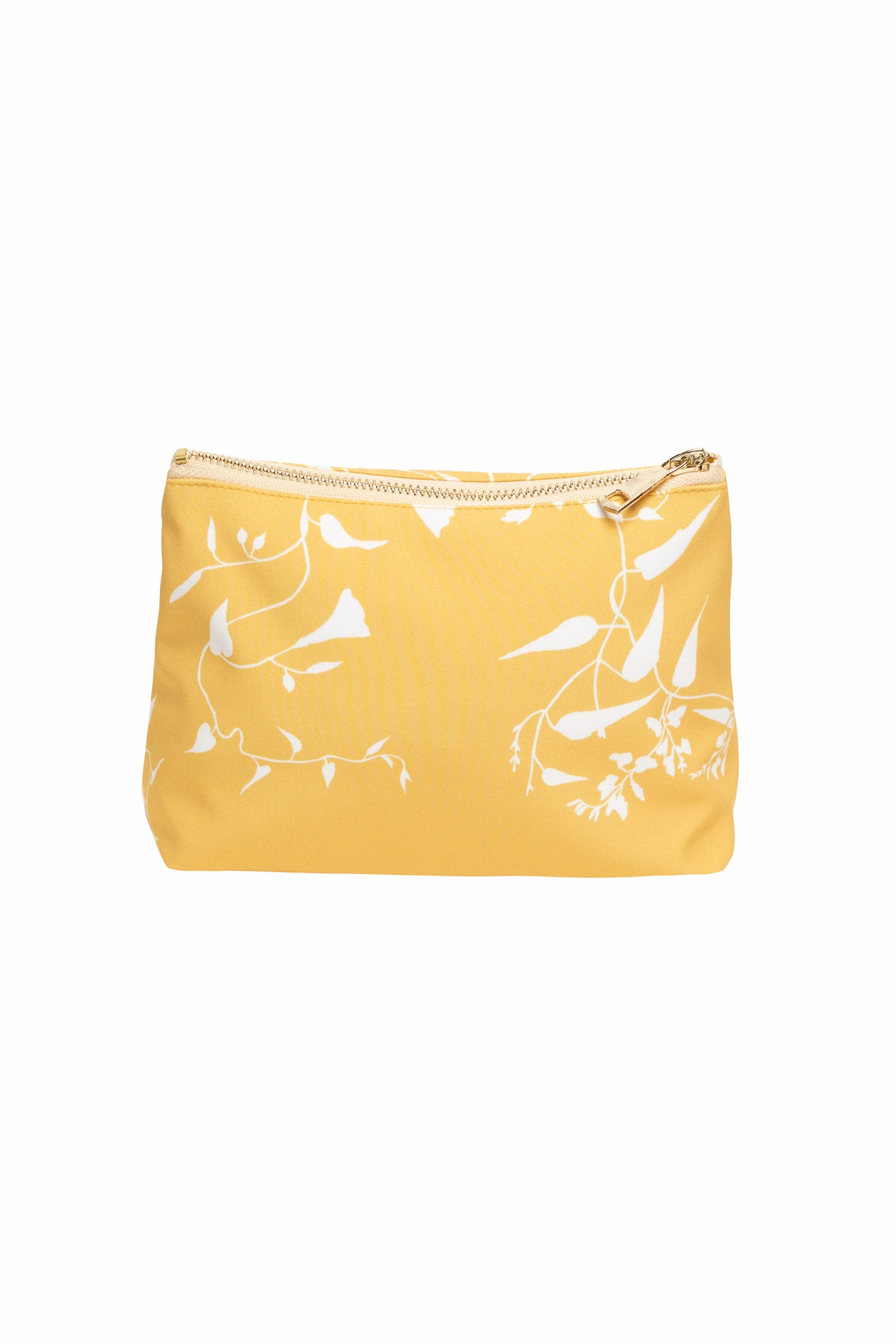 Majestic Yellow makeup bag with white floral print — cheerful and elegant cosmetic pouch with vibrant yellow background.