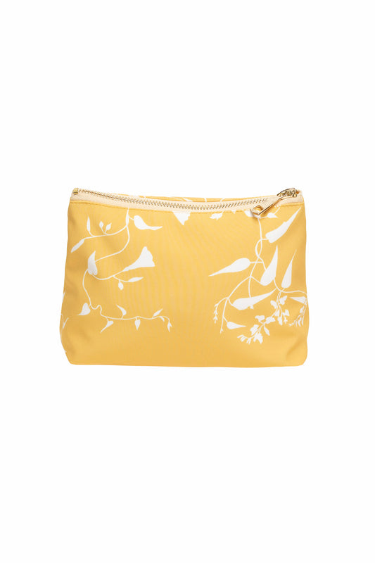 Majestic Yellow makeup bag with white floral print — cheerful and elegant cosmetic pouch with vibrant yellow background.