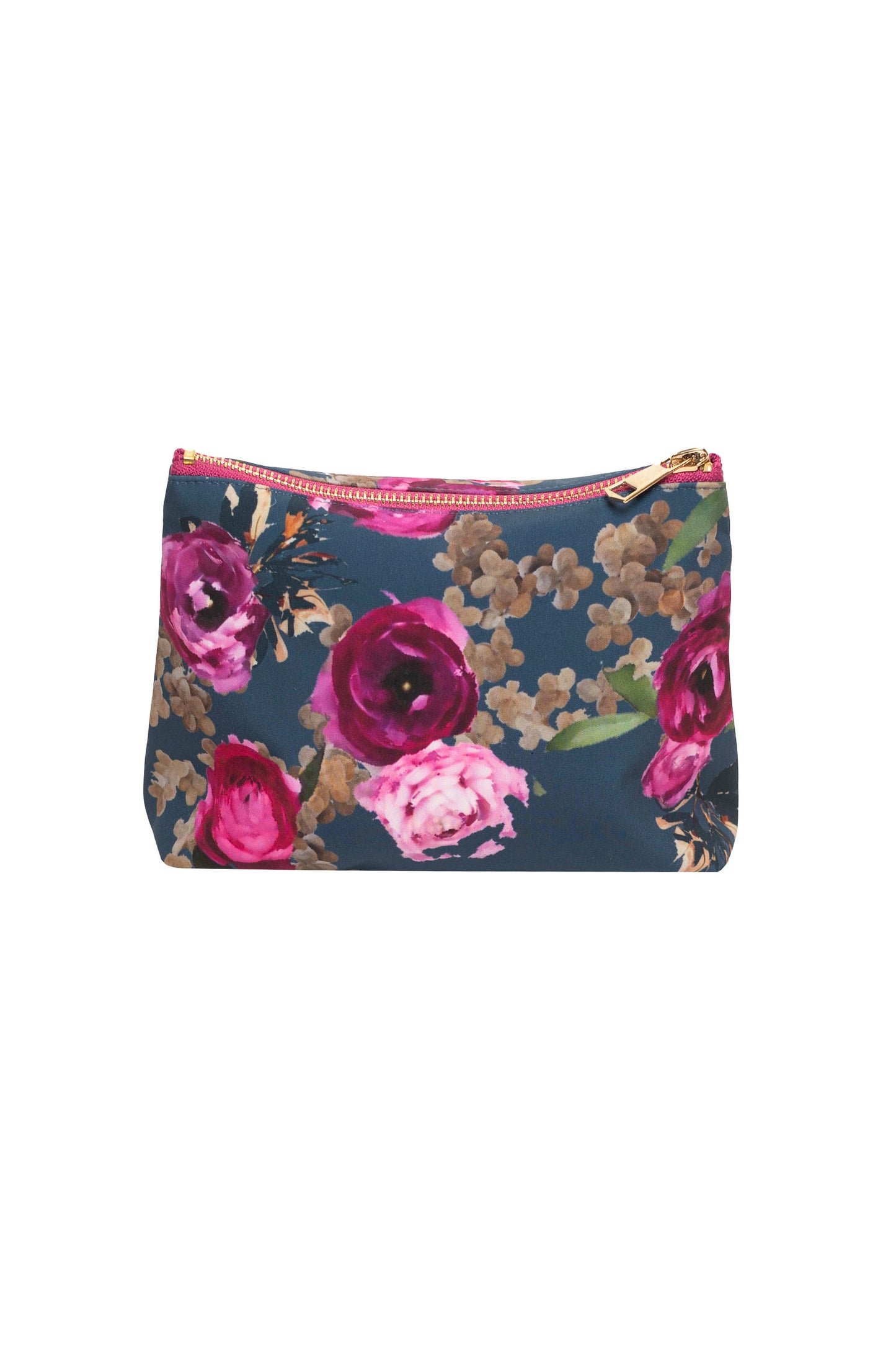 Makeup bag with pink garden rose print on teal blue background.