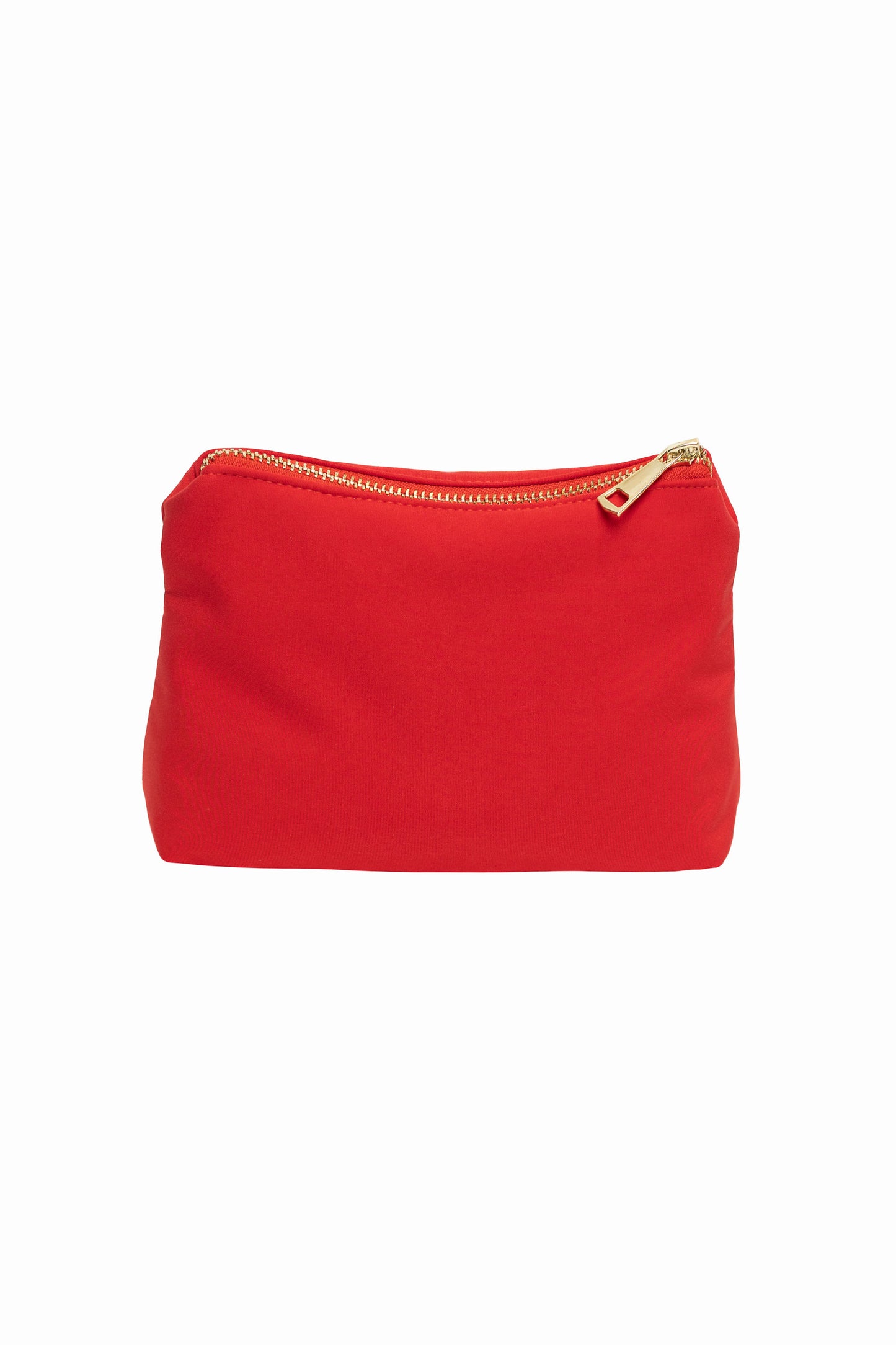 Bright red makeup bag with smooth finish - elegant, minimalist cosmetic pouch for everyday essentials.