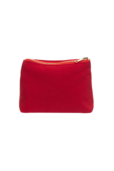Red pouch with a gold zipper on a white background