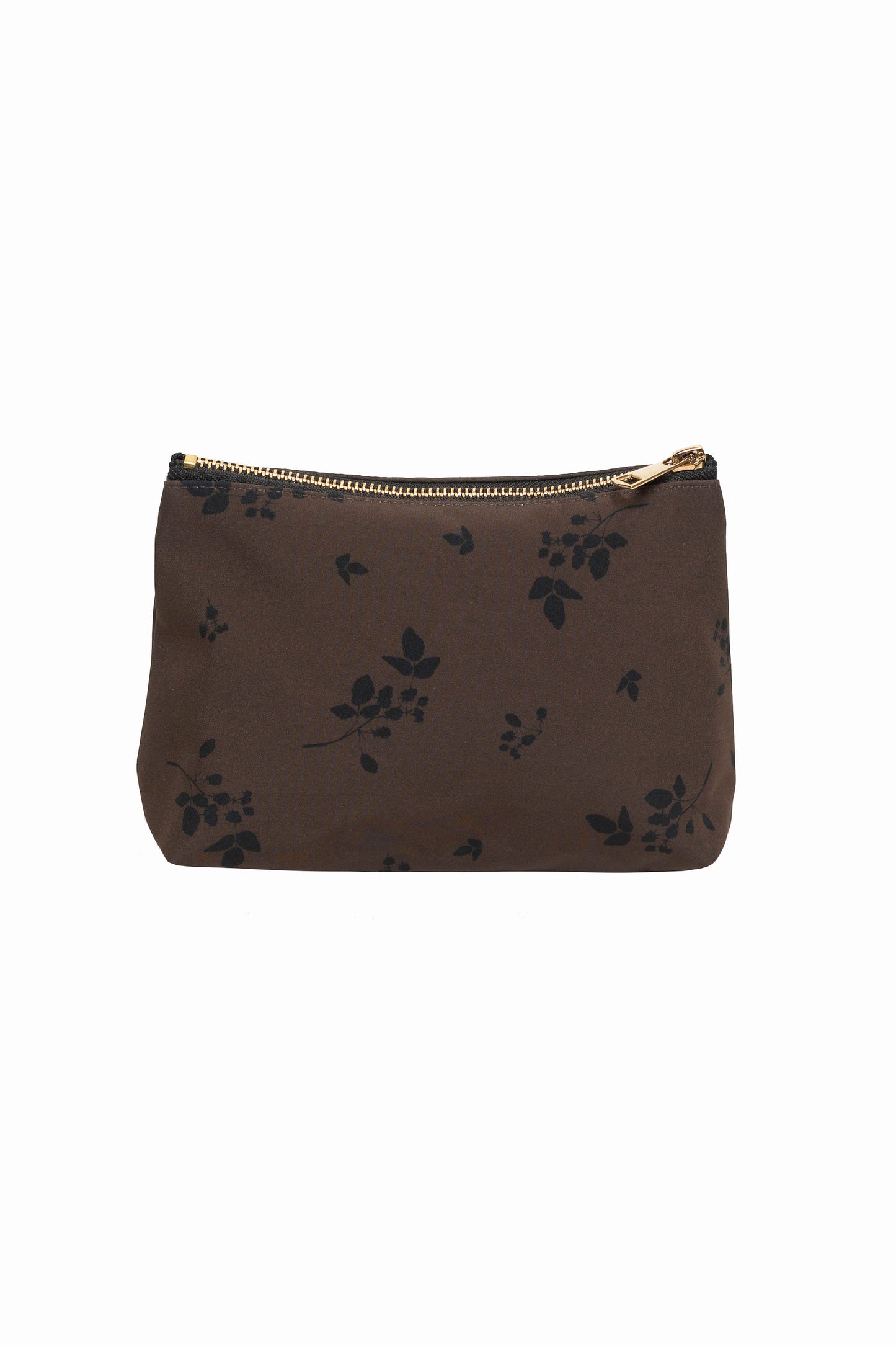 Brown makeup bag with black graphic floral print — stylish cosmetic pouch, floral makeup bag for travel or everyday use.