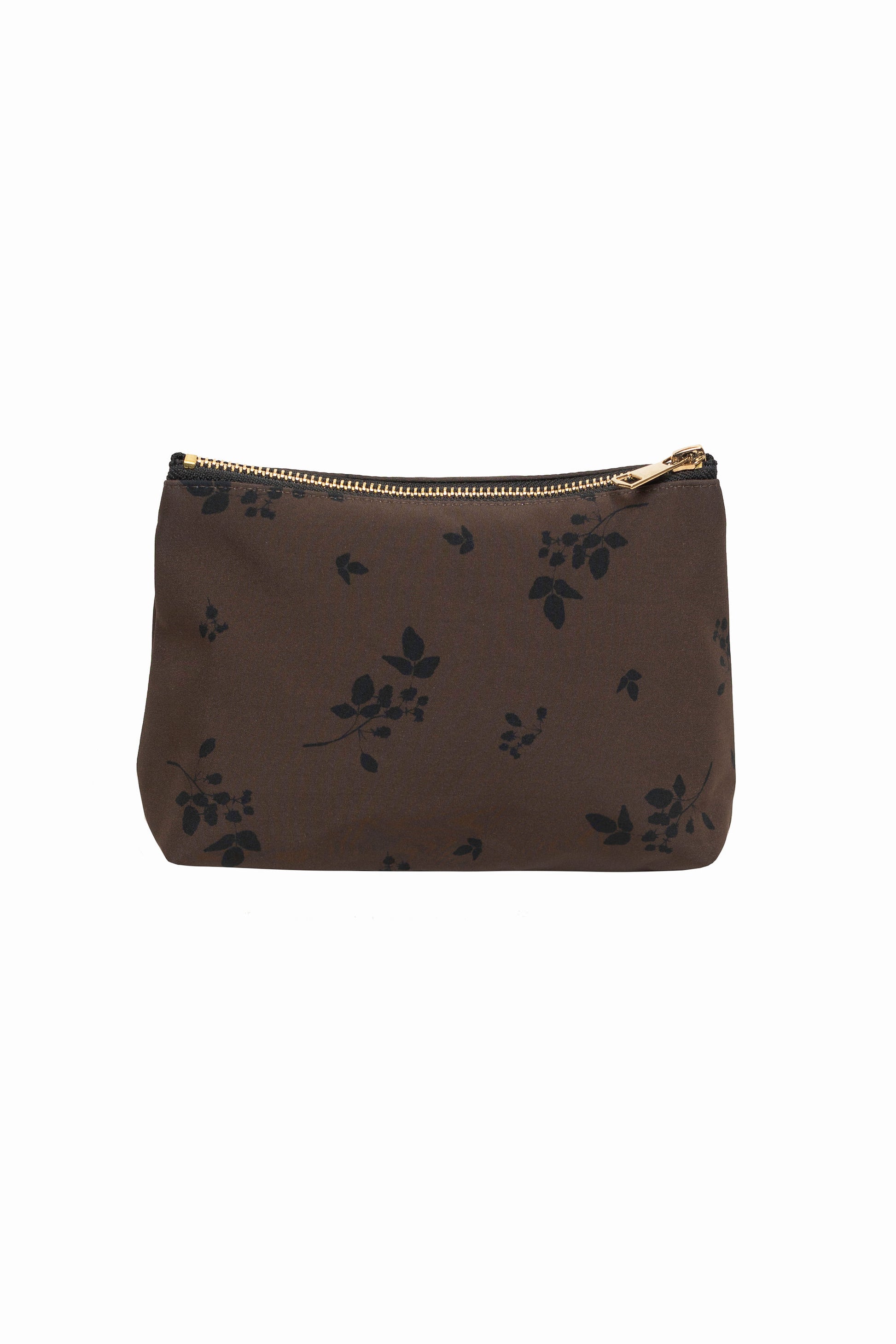 Brown makeup bag with black graphic floral print — stylish cosmetic pouch, floral makeup bag for travel or everyday use.