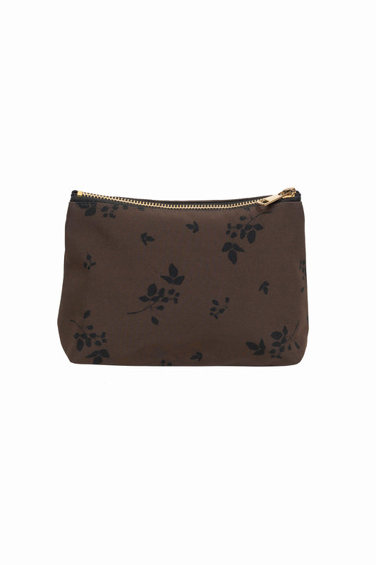 Brown makeup bag with black graphic floral print — stylish cosmetic pouch, floral makeup bag for travel or everyday use.