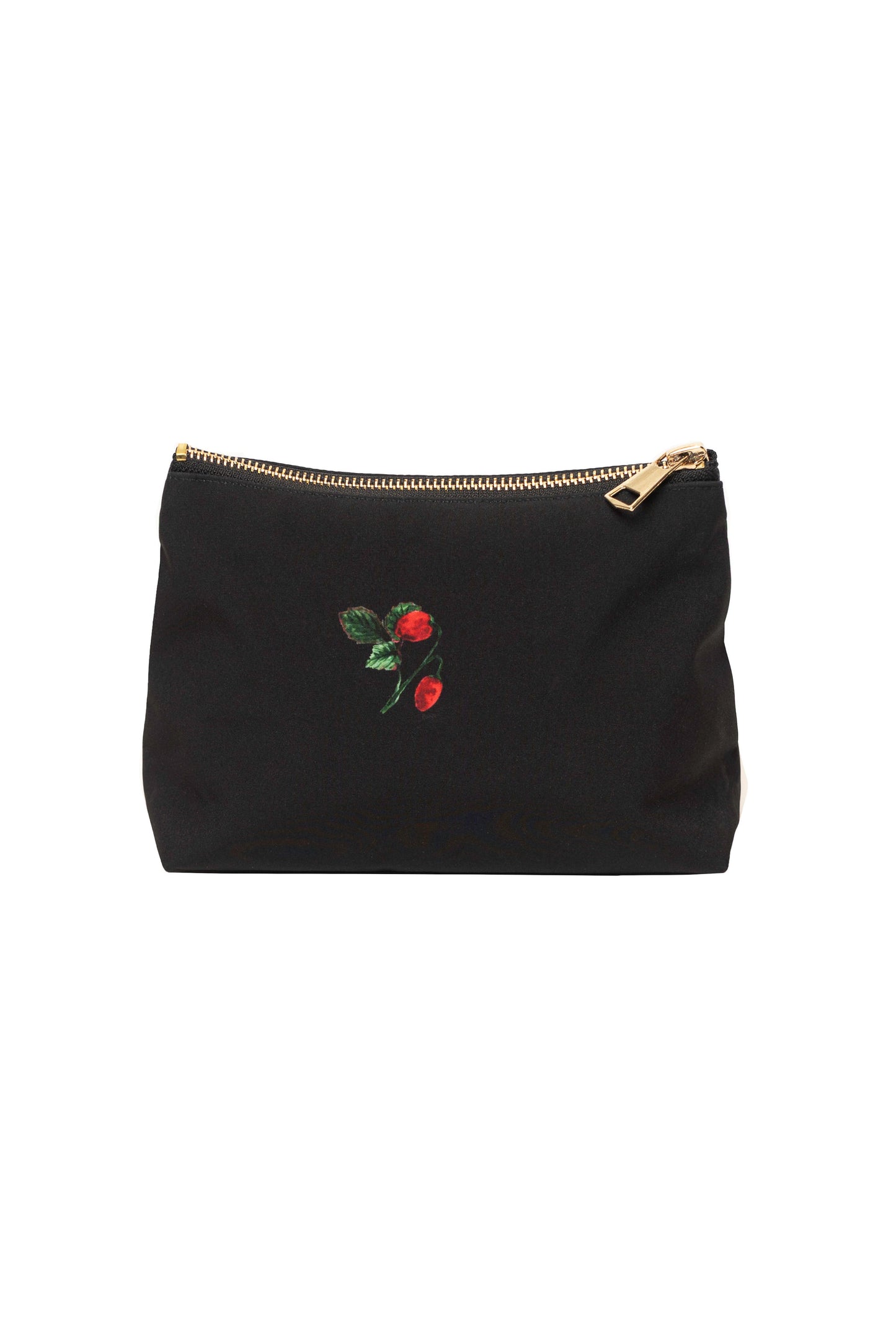 Small RainSisters cosmetic bag featuring a wild strawberry pattern with a zipper closure.