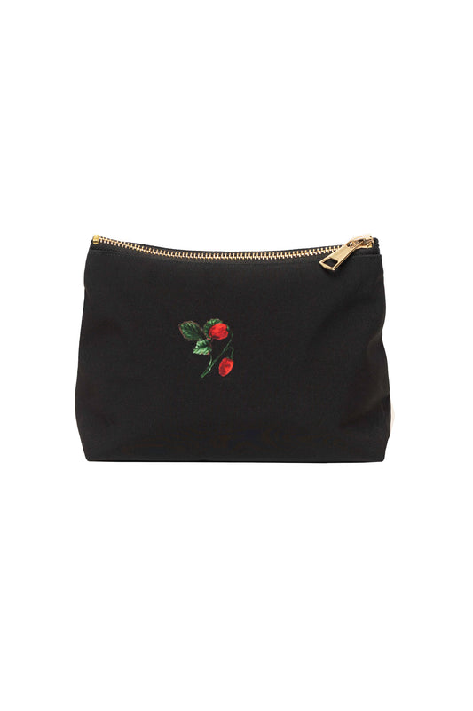 Small RainSisters cosmetic bag featuring a wild strawberry pattern with a zipper closure.