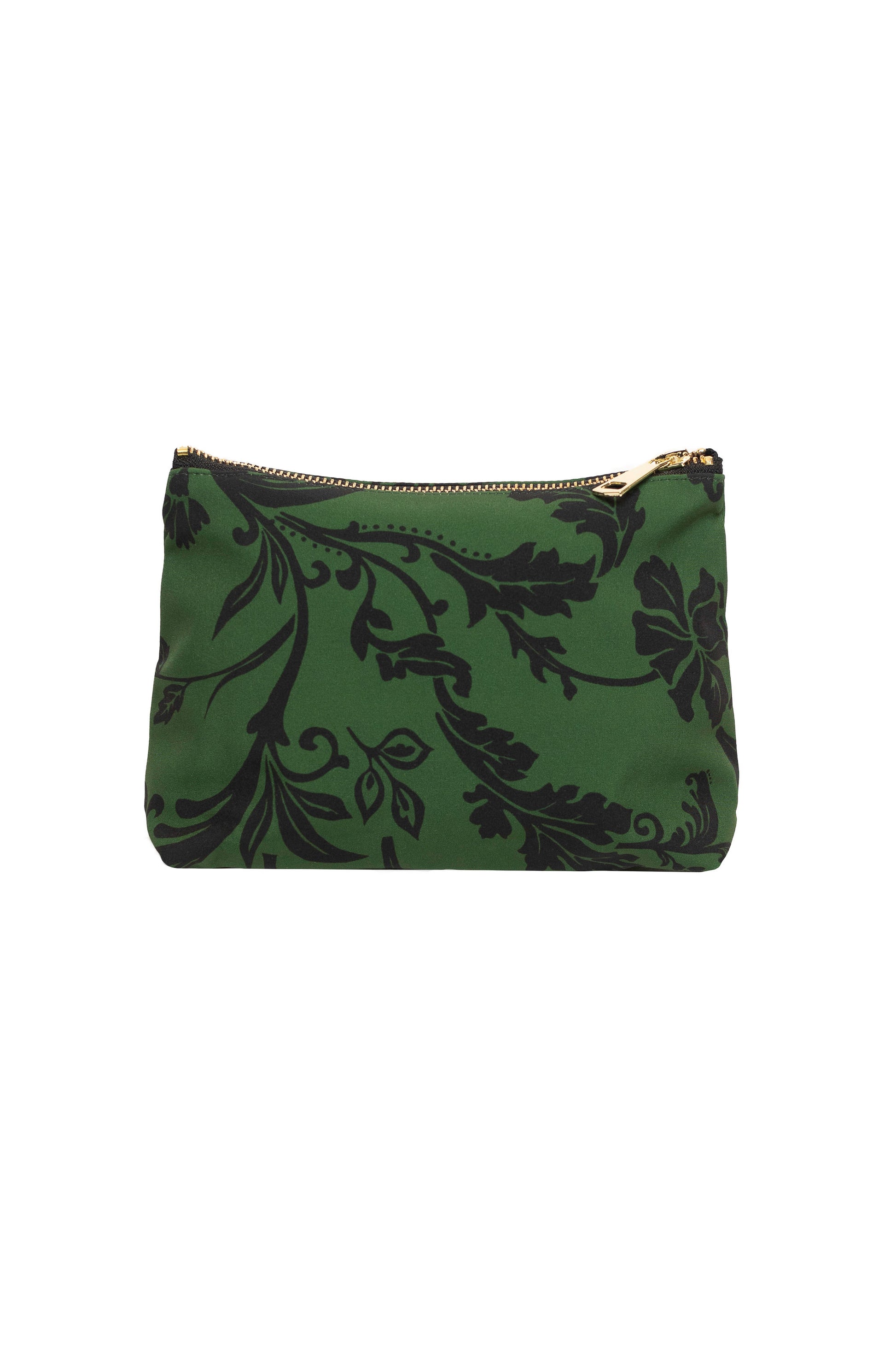 Small RainSisters cosmetic bag featuring a green and black forest flower print with zipper closure.
