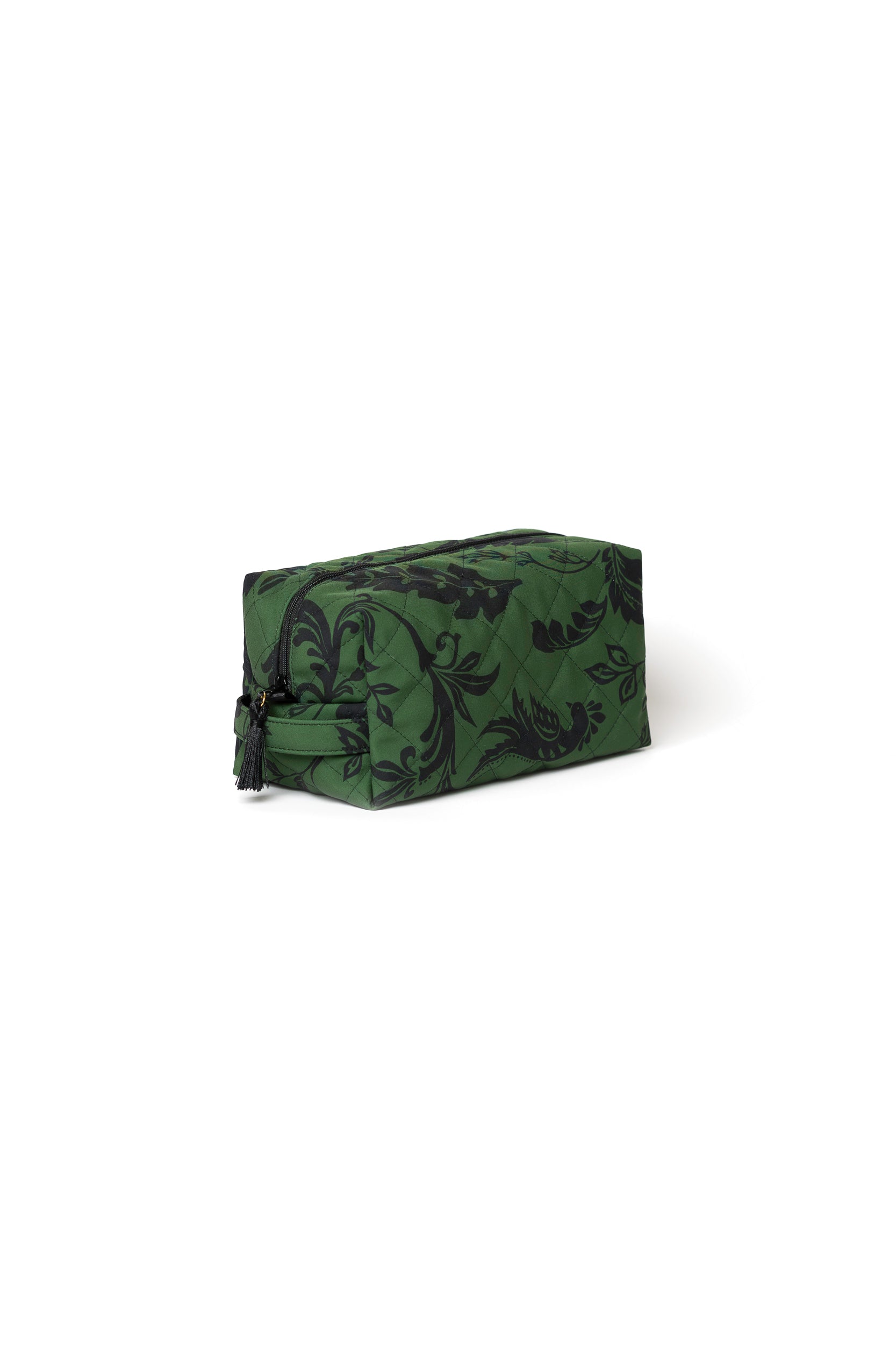 Large green floral cosmetic bag with black zipper closure and soft violet lining for beauty essentials.