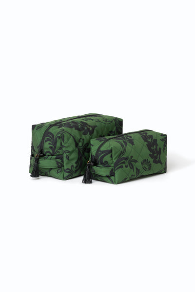 Black and green floral makeup bag set with two cosmetic bags featuring a black floral print and tassel zipper pulls