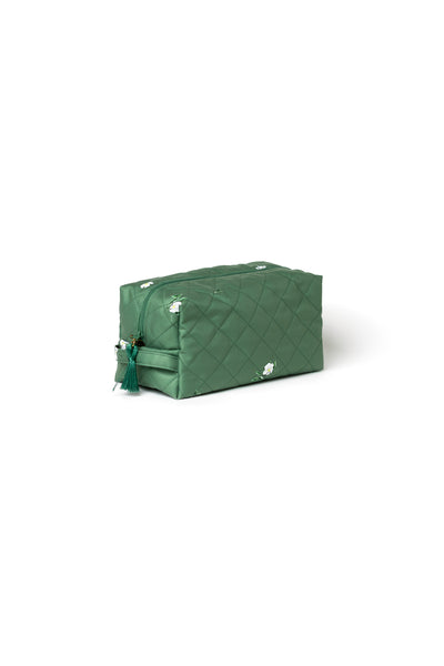 Large soft green floral cosmetic bag with green zipper closure and decorative tassel for beauty organization