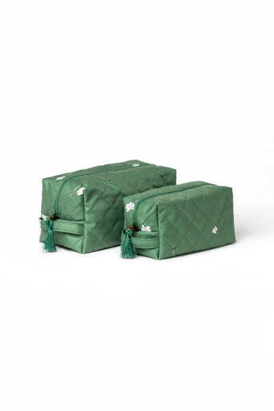 Soft green floral makeup bag set: two zippered cosmetic bags for makeup, toiletries, and travel essentials