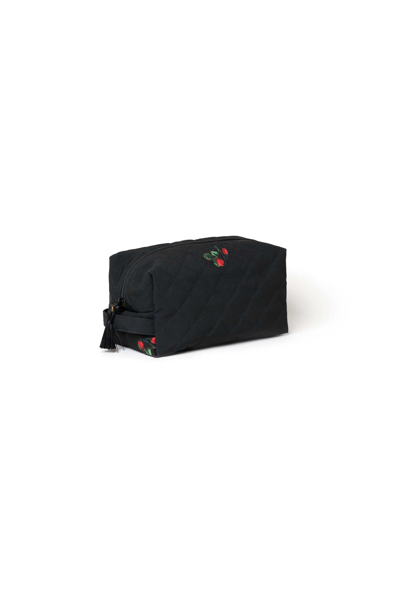 Large black cosmetic bag with strawberry print, black zipper closure, and decorative tassels