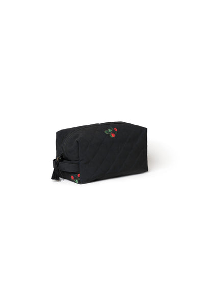 Large black cosmetic bag with strawberry print, black zipper closure, and decorative tassels