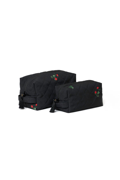 Black makeup bag set with strawberry print for makeup, toiletries, and travel essentials