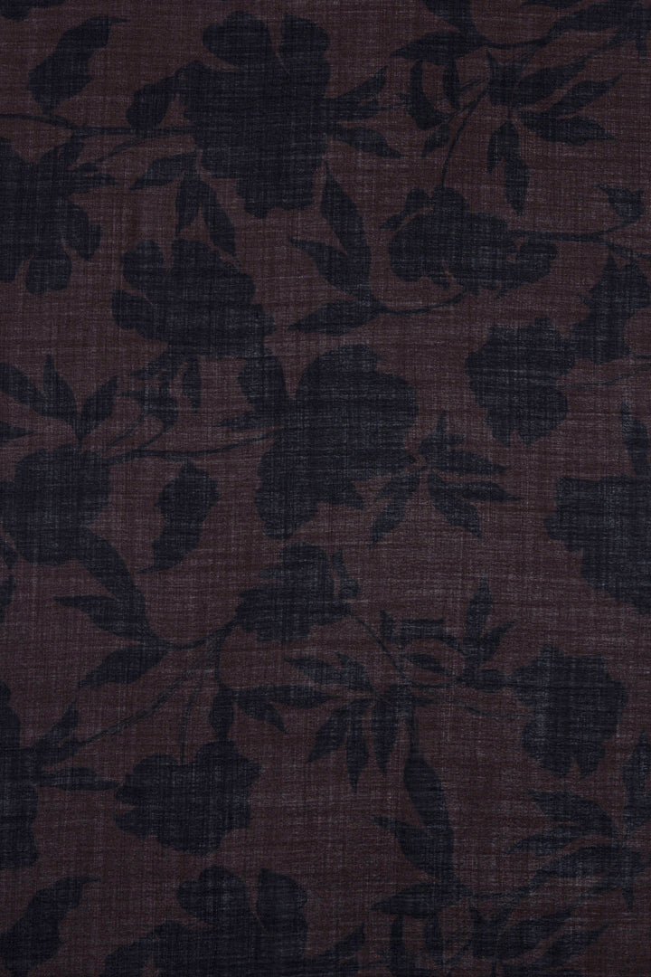 Brown Silk & Wool Scarf with Black Floral Print