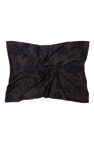 Brown Silk & Wool Scarf with Black Floral Print