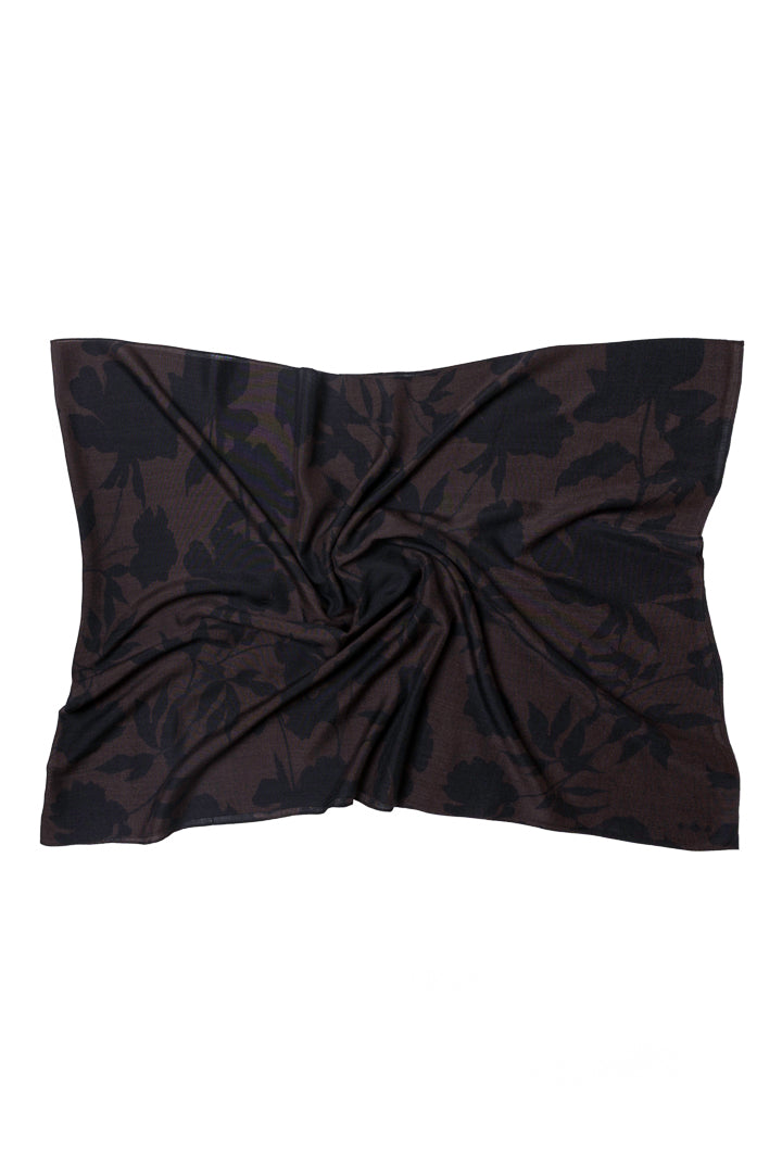 Brown Silk & Wool Scarf with Black Floral Print