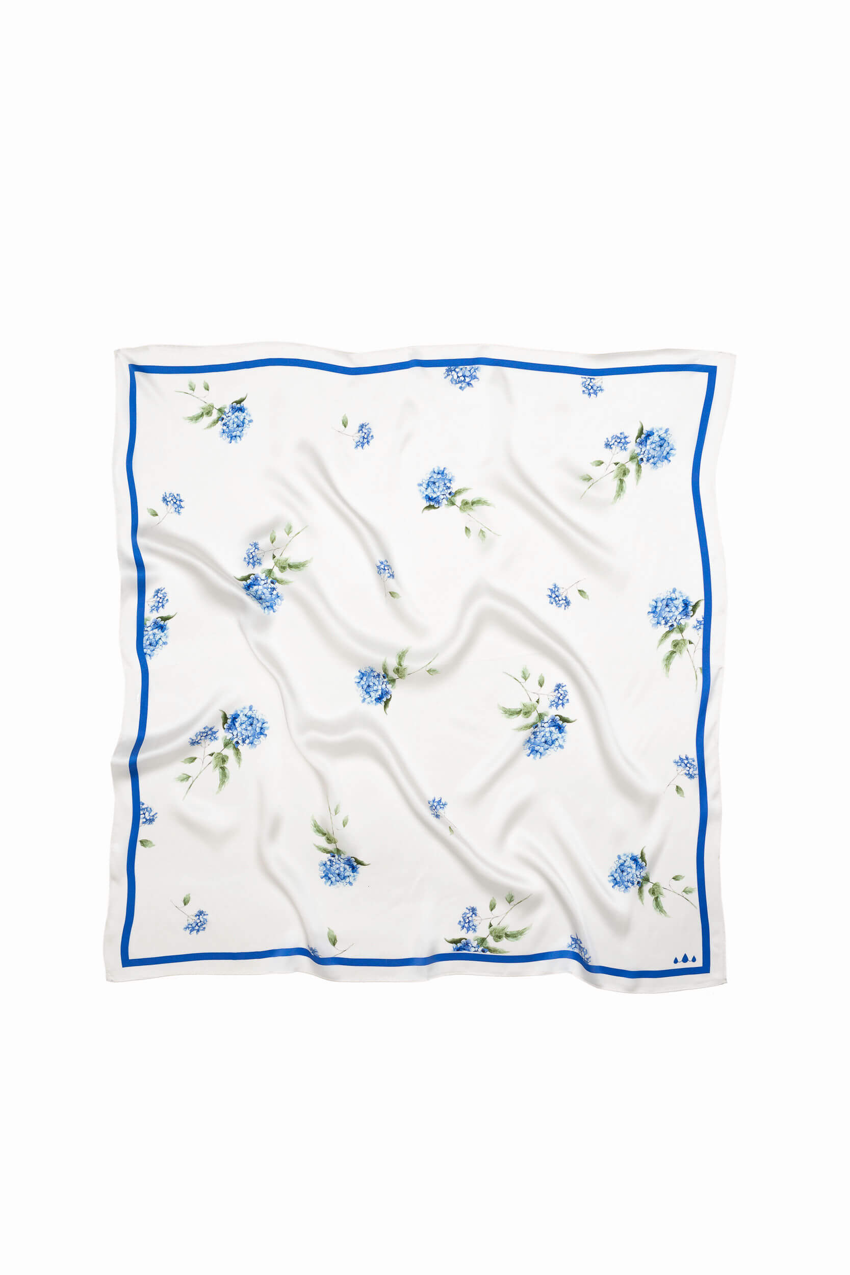 White square scarf with blue floral pattern on a white background