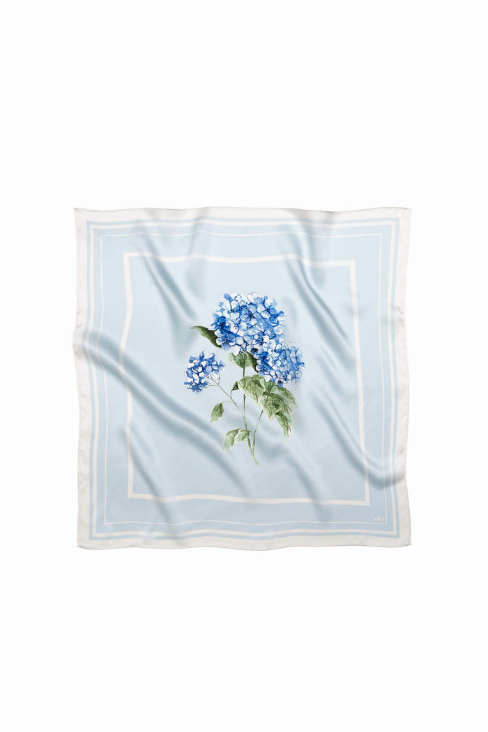 Small floral natural silk scarf in light blue