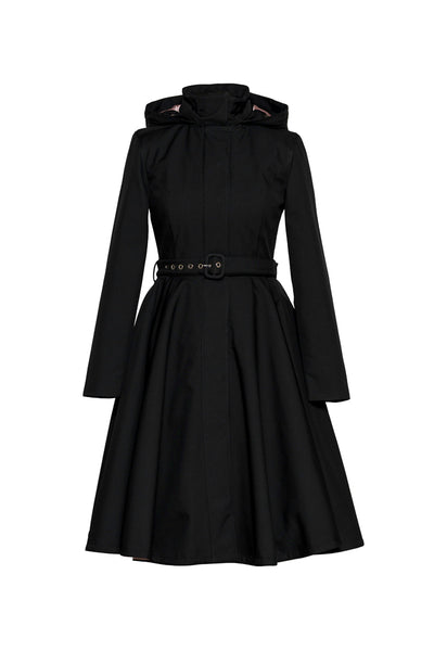 A black long-sleeve hooded winter coat Midnight Black with a matching waist belt, shown on a plain white background.
