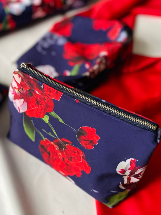 Blue, white and red makeup bag